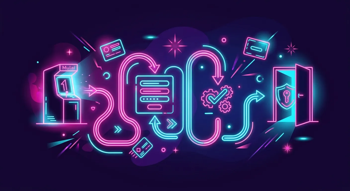 Ilustrasi alur pendaftaran akun resmi WINNING568 bergaya neon arcade