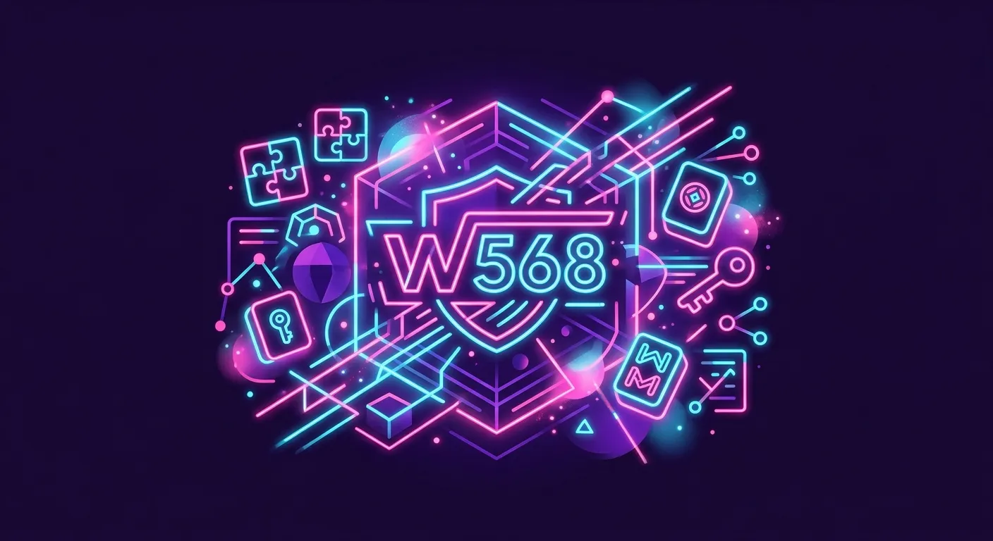 Ilustrasi identitas portal resmi winning568 dengan aksen neon arcade