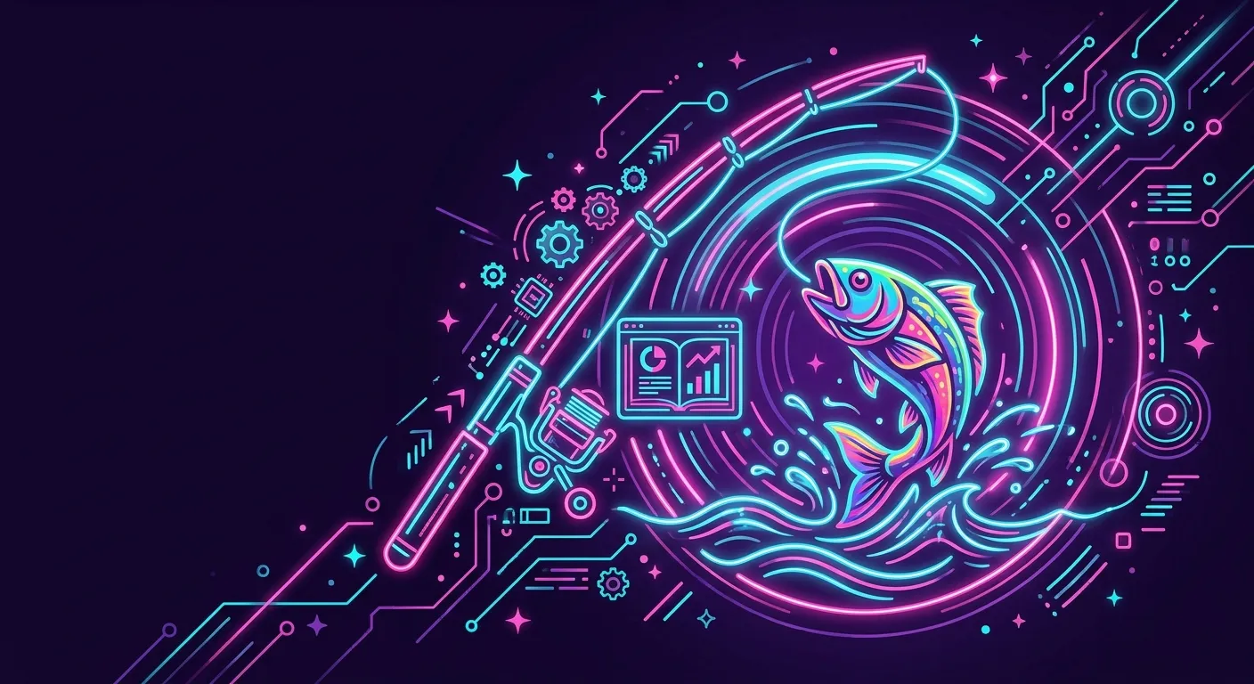 Ilustrasi edukasi mancing untuk pemain berdesain neon arcade modern